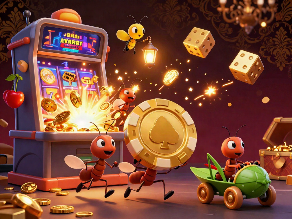 Engage with ok88 gaming excitement featuring ants in a heist with a golden poker chip amidst dynamic slot machine action.