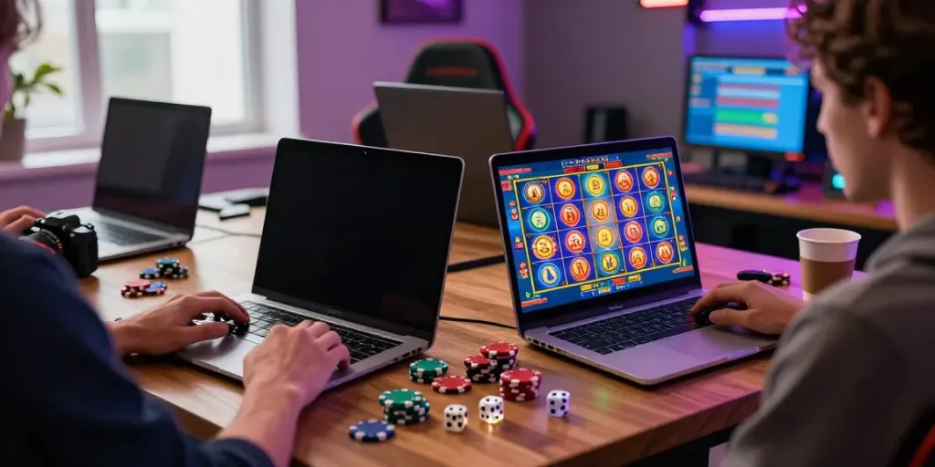Pengguna bermain permainan toto slot di laptop dengan chip dan dadu di meja.