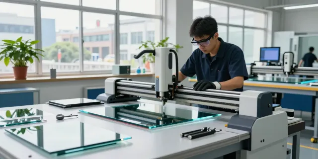 Technician using a glass cutting machine manufacturer in a modern workshop.