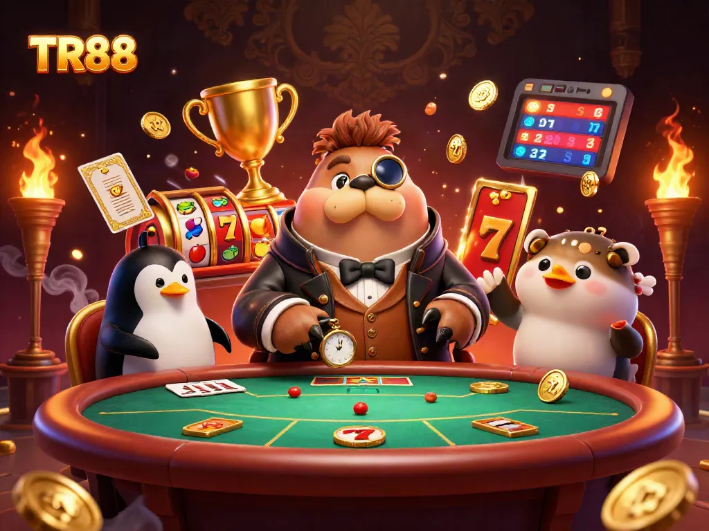 Engage with the TR88 online casino experience through a vibrant poker scene featuring interactive characters.