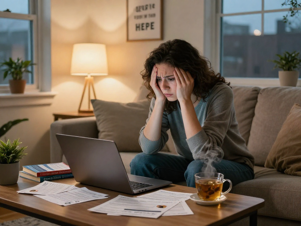 Individual managing credit card debt at home, surrounded by financial documents, reflecting stress and seeking solutions.