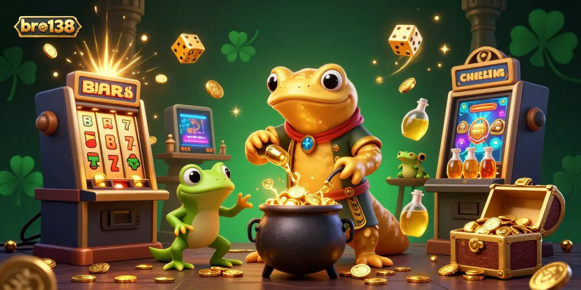 Spin to win at bro138 with a golden salamander alchemist creating wealth in a vibrant casino.