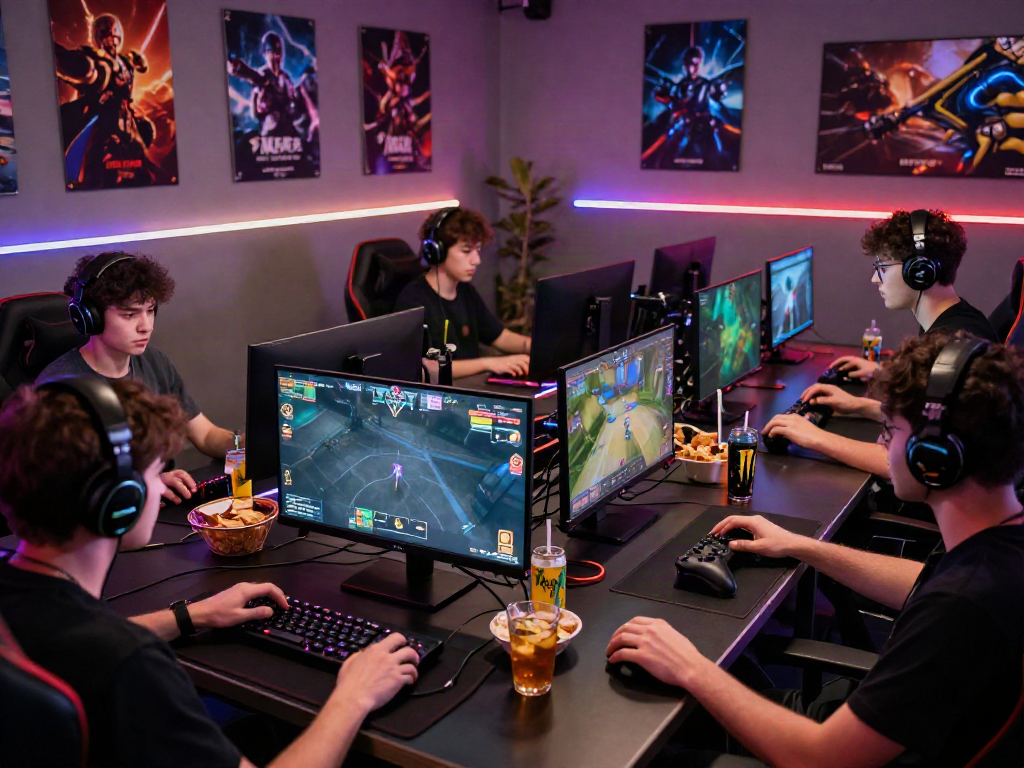 Nhóm người chơi game đang trải nghiệm sôi nổi với n188 trong không gian ấm cúng.