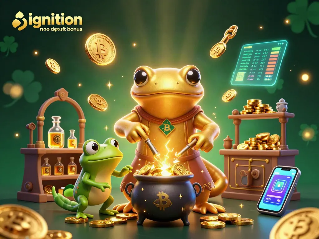 Ignition casino no deposit bonus showcased in a vibrant 3D alchemist scene with glowing cryptocurrencies.