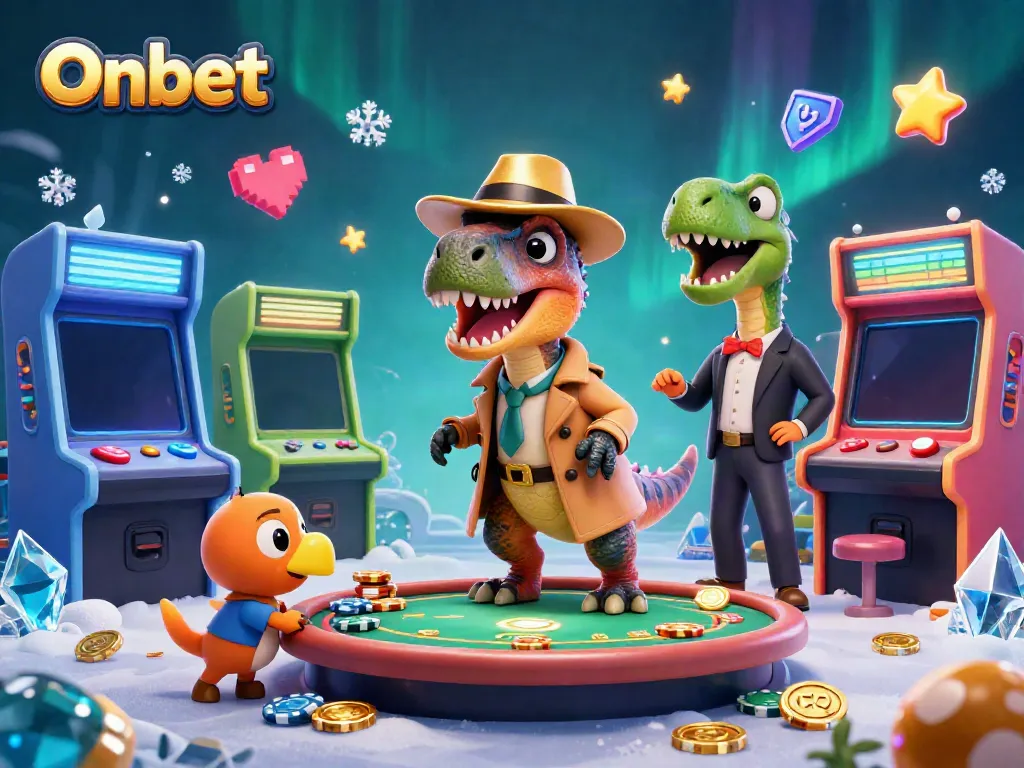 Onbet casino scene featuring a velociraptor card counter, stegosaurus pit boss, and compy pickpocket amid rich gaming visuals.