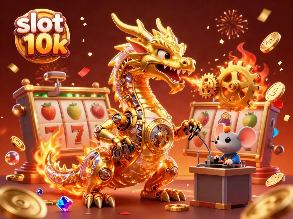 Engage in slot 10k excitement with a golden dragon illustration bursting with gold coins and fun elements.