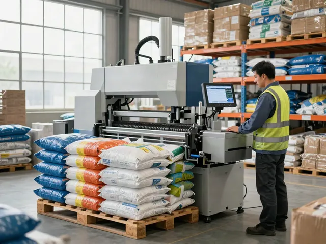 Automatic bag palletizer machine stacking bags efficiently in a bright industrial setting.