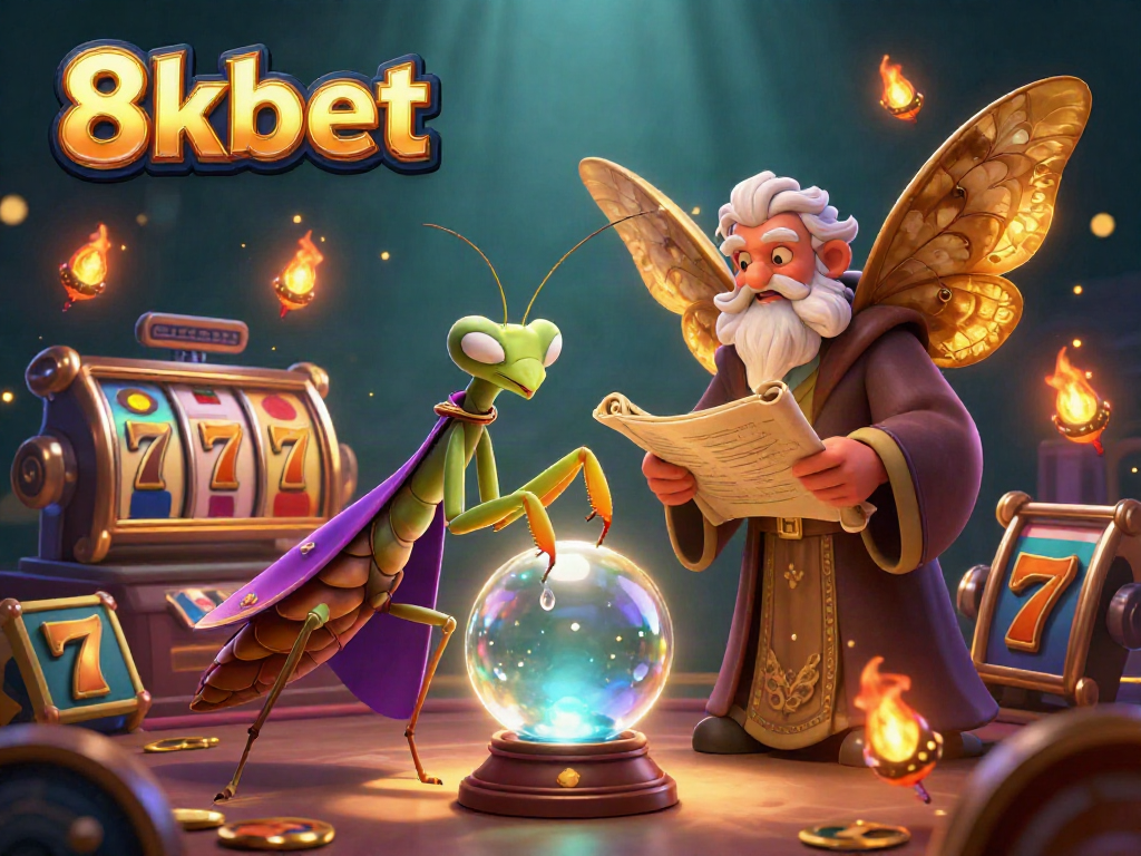 Experience the exciting world of 8xbet with a mystical casino scene illustrating vibrant slot reels and characters.