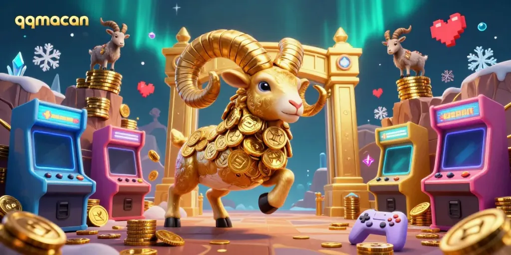 Experience thrilling gameplay with qqmacan in this vibrant 3D casino illustration, featuring a dynamic ram charging towards victory.
