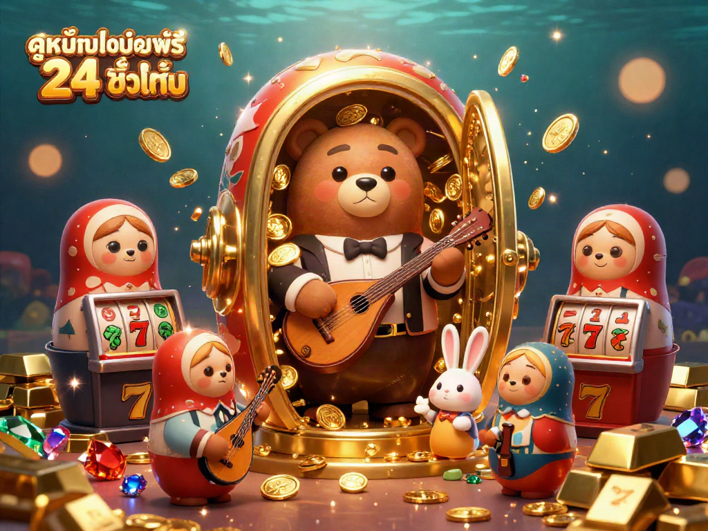 Experience the excitement of ดูหนังออนไลน์ฟรี 24 ชั่วโมง with energetic bears in casino attire amidst a dazzling treasure scene.