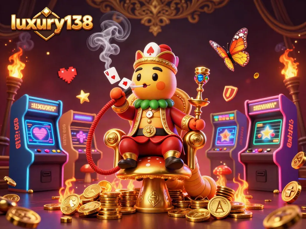 Experience luxury138’s gaming magic with vibrant characters and arcade elements in a dynamic casino scene.