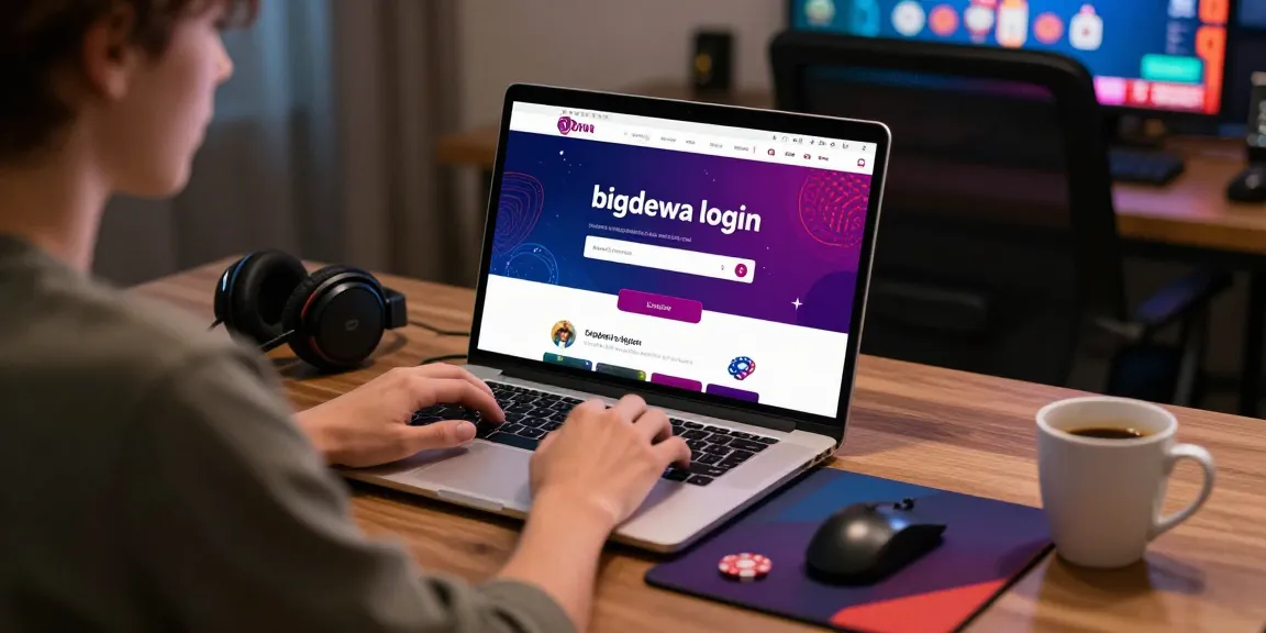 Engaged user at home using bigdewa login on laptop with vibrant gaming graphics.
