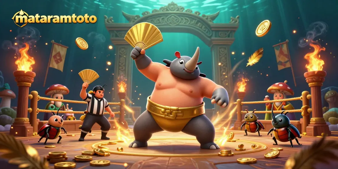 Win with mataramtoto as a sumo beetle stomps coins in a colorful casino arena.