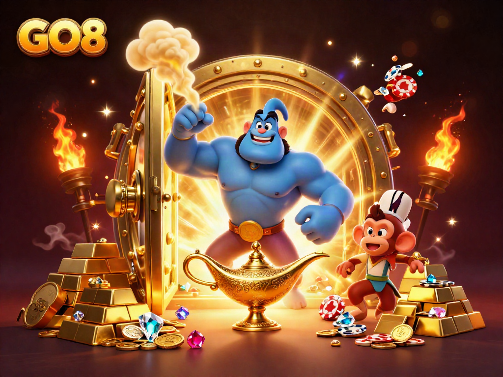 GO8 showcases an exciting casino scene with a genie and treasures, capturing energetic gameplay.