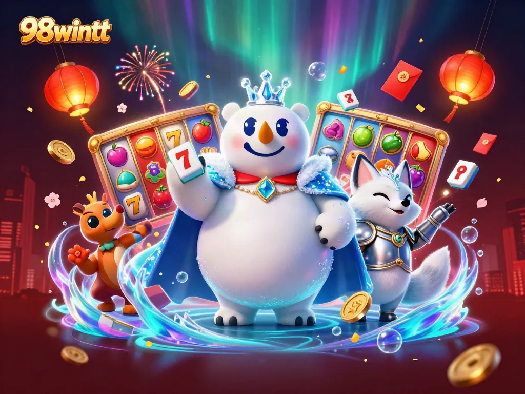 Win big with 98wintt in this dynamic casino-themed 3D illustration featuring vibrant slot reels and lively characters.
