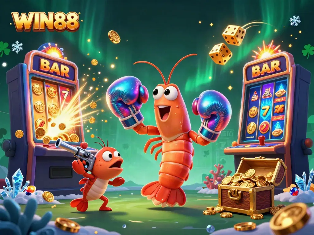 WIN88 brings the excitement of slot machines and dazzling treasures to life in an energetic casino scene.