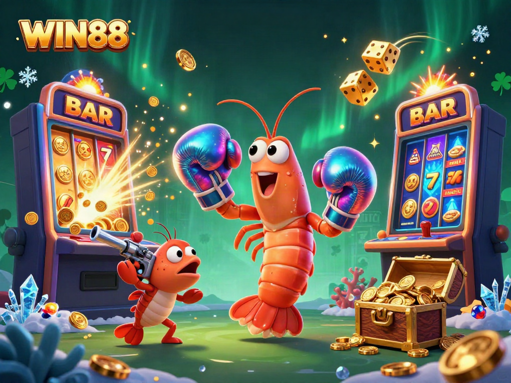 WIN88 brings the excitement of slot machines and dazzling treasures to life in an energetic casino scene.