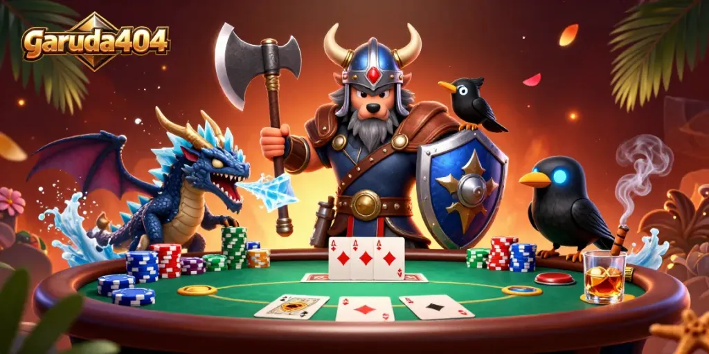 Engage with garuda404 at this vibrant poker scene featuring a Viking wolf warrior and dynamic gaming elements.