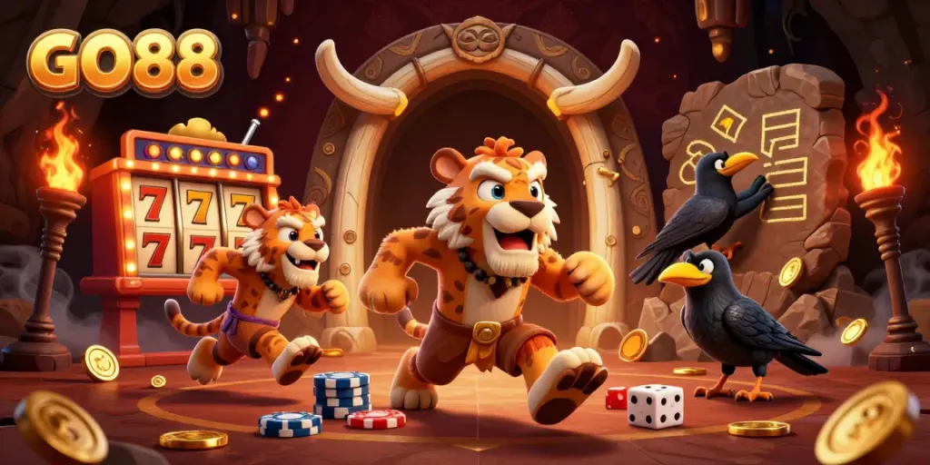 GO88 offers thrilling gaming experiences with vibrant casino elements like slot reels and golden coins.