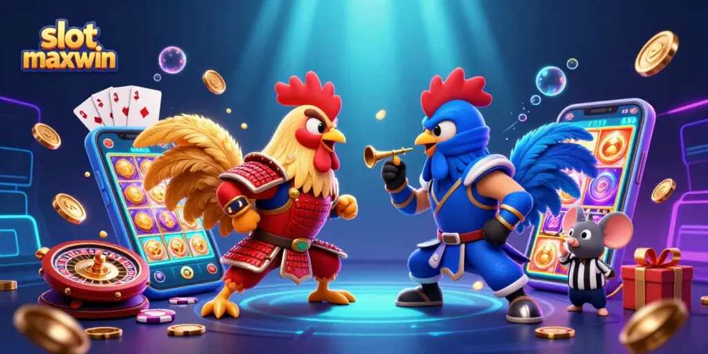 Witness the thrilling slot maxwin action in a cartoon casino showdown with roosters and gaming elements.