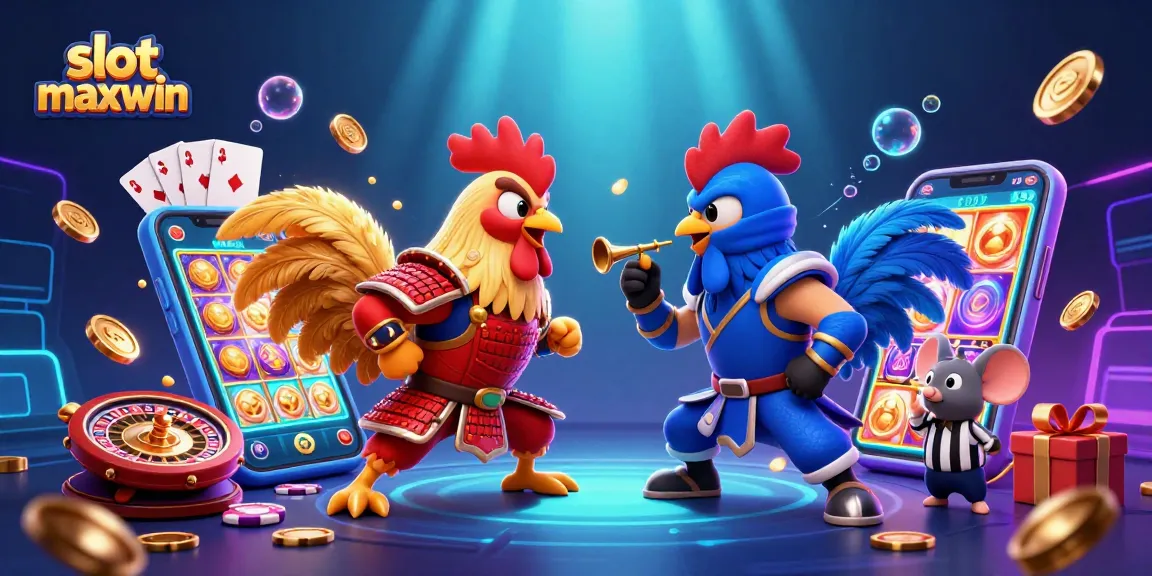 Witness the thrilling slot maxwin action in a cartoon casino showdown with roosters and gaming elements.
