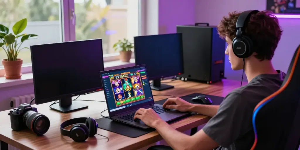 PESGSLOT gaming scene showcasing a user enjoying vibrant slot games on laptop with smartphone app nearby.