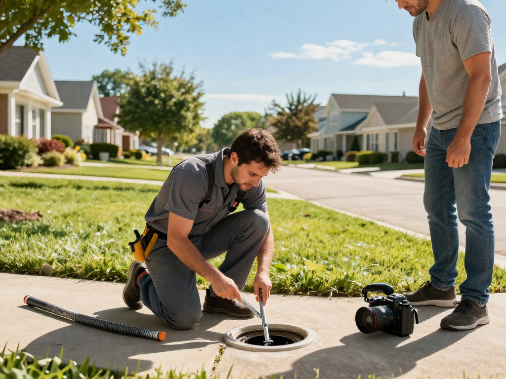 Professional drain cleaning Fort Worth scene with plumber inspecting a clogged drain in a residential setting