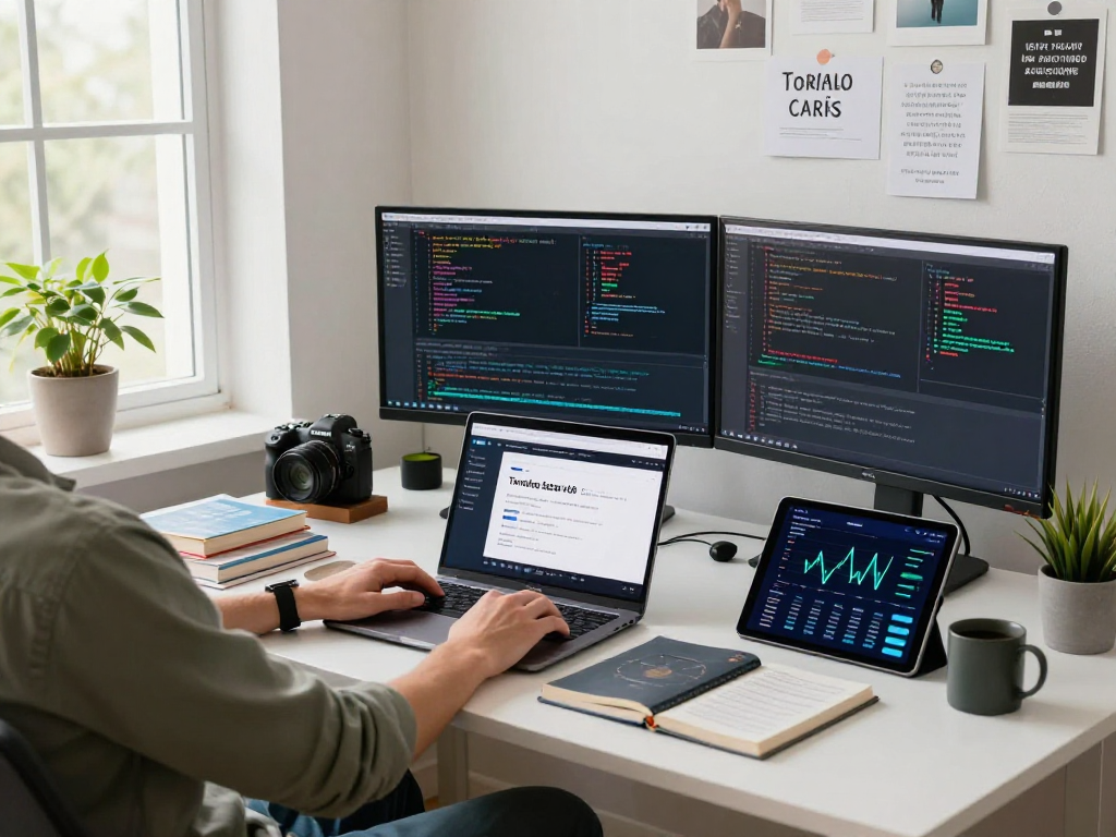Tornado Cash tech workspace featuring a person analyzing blockchain data with multiple monitors and cryptocurrency literature.