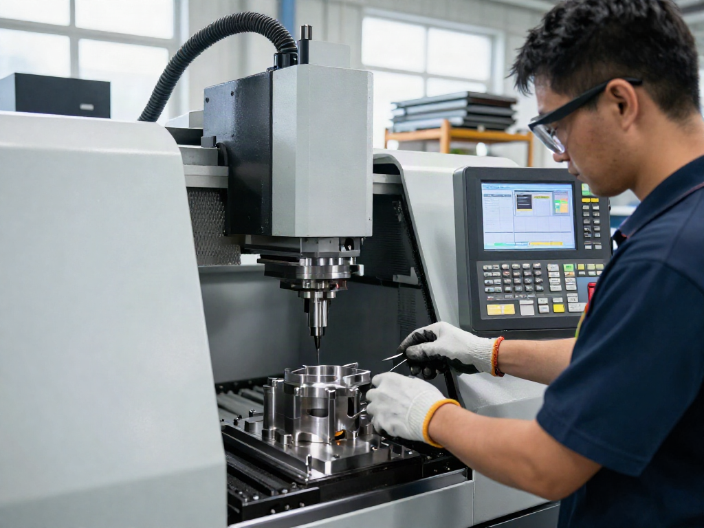 precision cnc machining supplier working on advanced CNC machine in a bright workshop