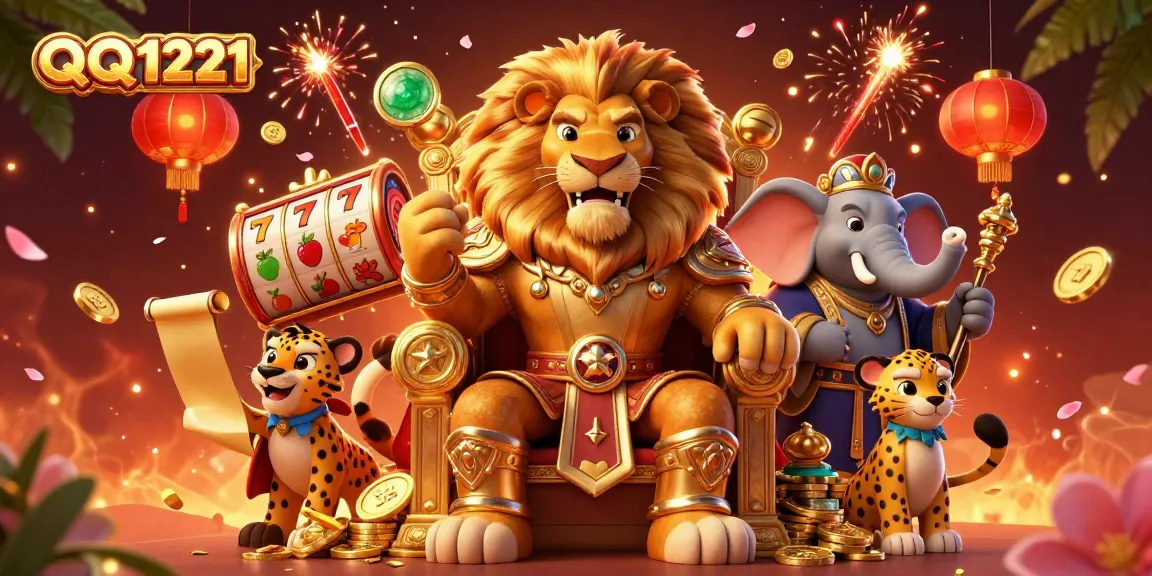 Engage with QQ1221 slots in a vibrant scene featuring a lion king and rich casino elements.