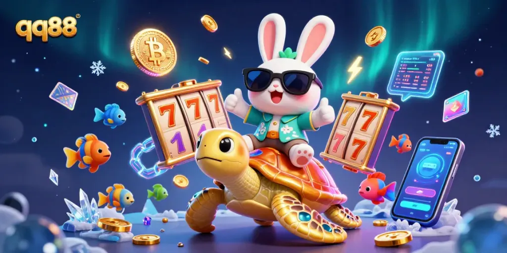 Spin and win with qq88 in an exhilarating casino scene featuring a lucky rabbit and dynamic slot symbols.