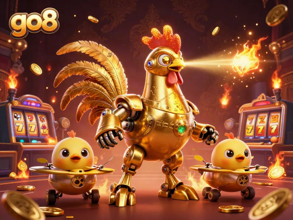 Experience the excitement of go8 with a dynamic casino scene featuring a golden rooster robot and interactive elements.