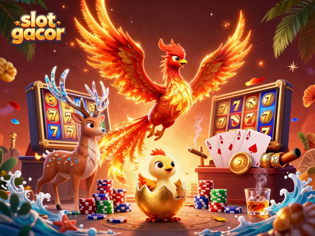 Experience the thrill of slot gacor with vibrant 3D visuals of phoenixes and dynamic gaming elements.