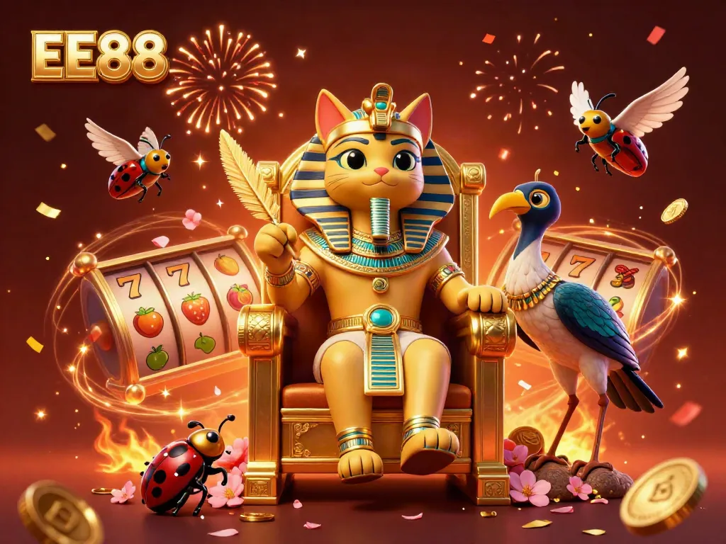 Experience exciting gaming moments with EE88, featuring a pharaoh cat and vibrant slot machines in celebration.