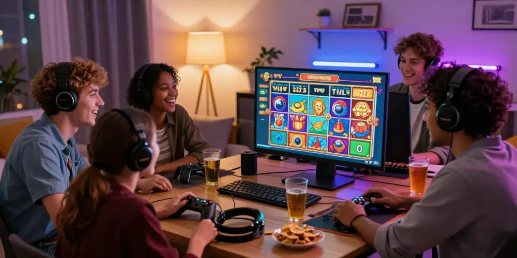 Group enjoying link alternatif proplay88 gaming with excitement in a cozy living room.