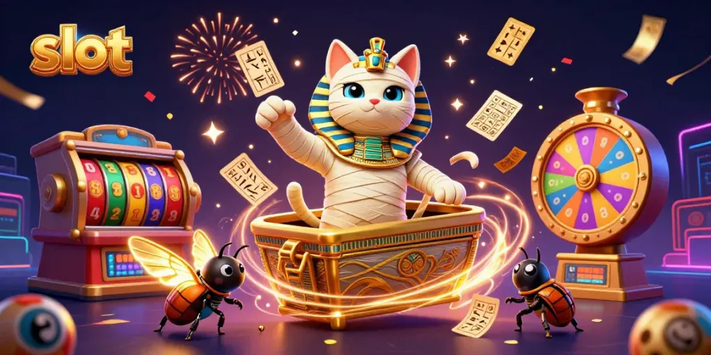 Experience thrilling slot adventures with a cartoon mummy cat and friends in a vibrant casino scene