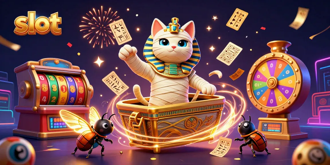 Experience thrilling slot adventures with a cartoon mummy cat and friends in a vibrant casino scene