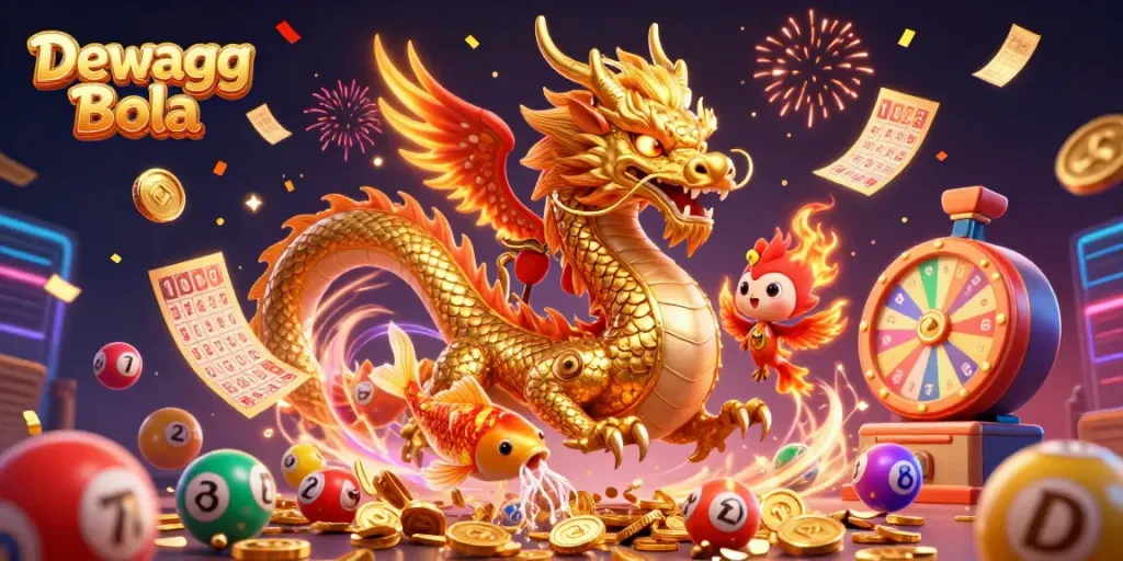 Experience exciting gaming with Dewagg Bola surrounded by colorful lottery elements and festive effects.