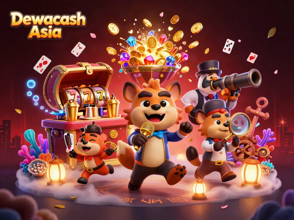 Dewacash Asia hyenas lively in a cartoon casino scene, showcasing games and laughter.
