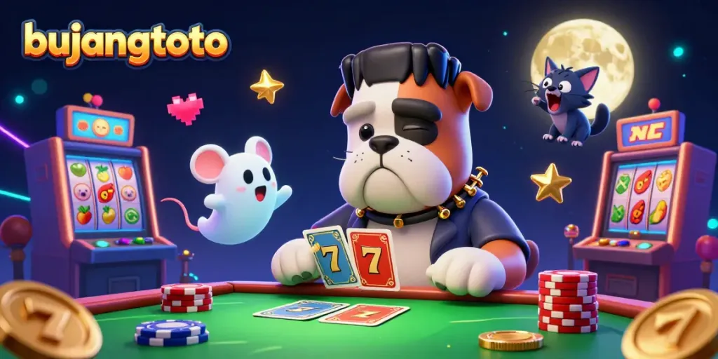Bujangtoto features a lively scene with a Frankenstein bulldog card dealer and a ghost mouse, adding excitement to online gaming.