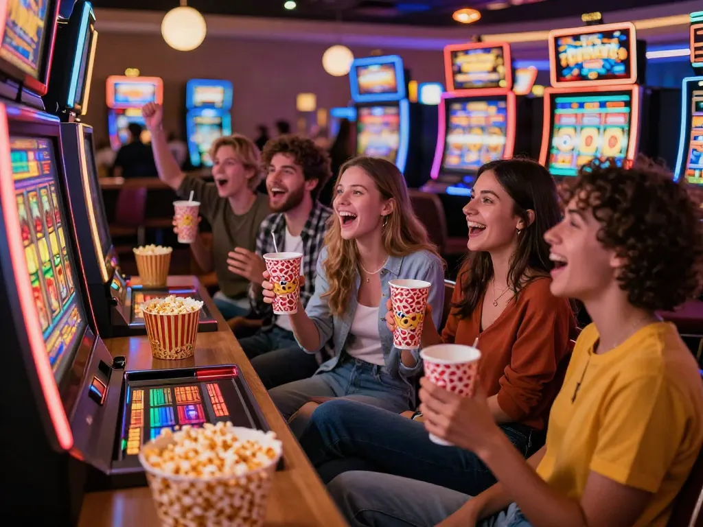 Friends enjoying the thrilling experience ofสล็อต at a lively casino with colorful lights.
