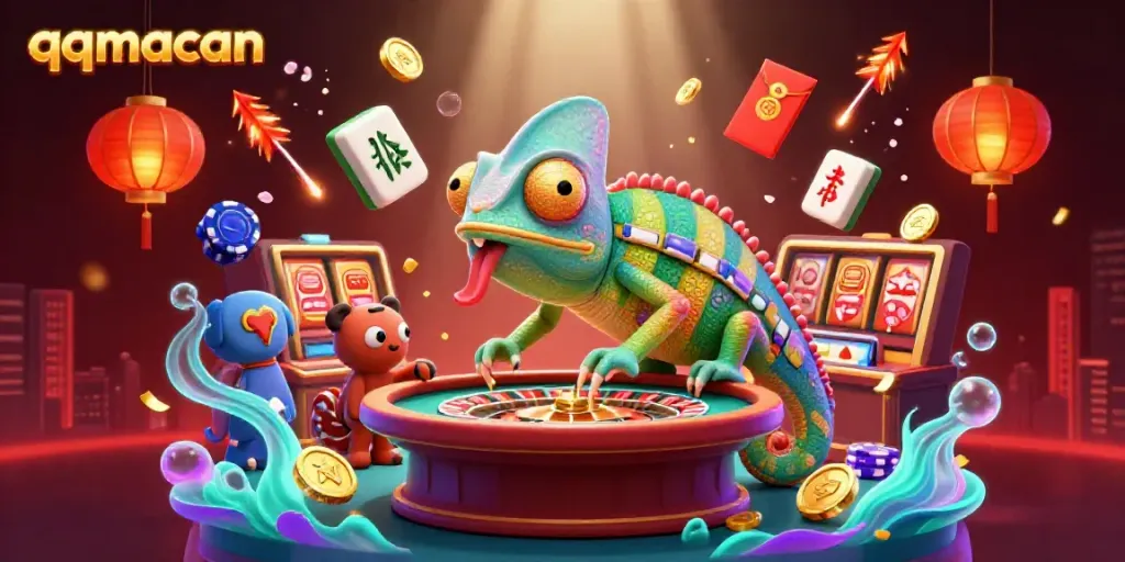 Engage with the vibrant qqmacan casino scene featuring a colorful chameleon owner excitement.