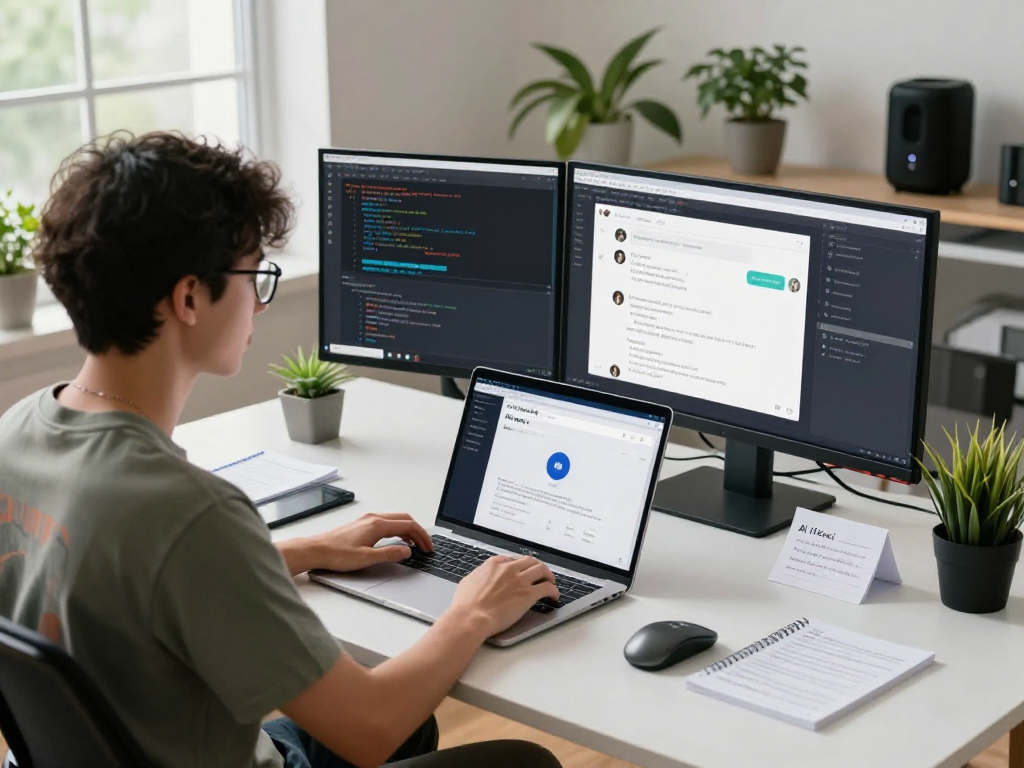 AI chat nsfw simulation in a modern developer workspace with dual monitors and casual atmosphere.