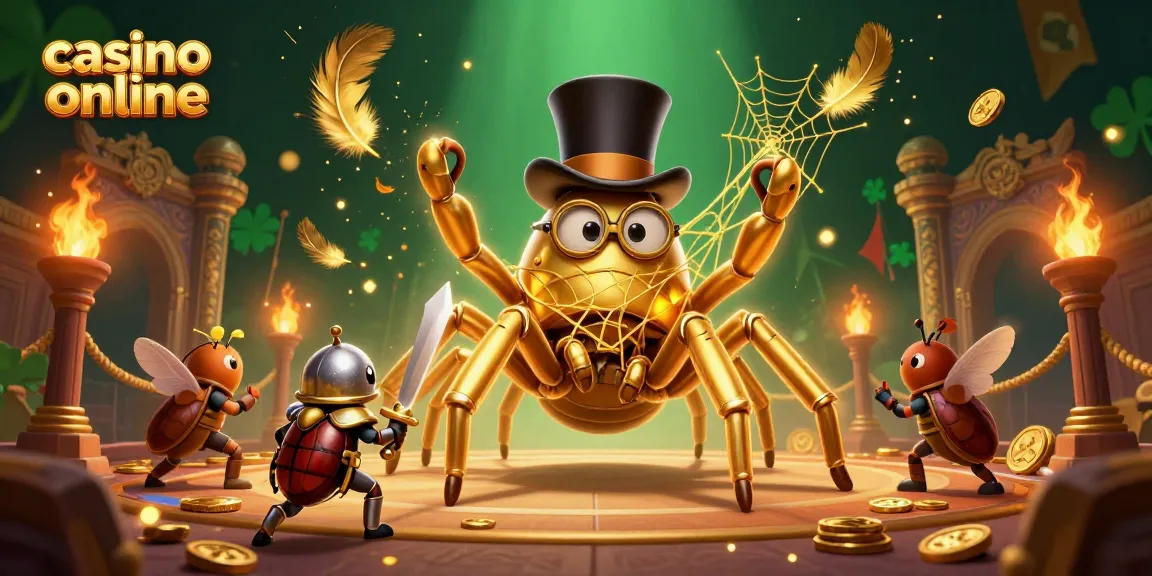 Engaging scene of a giant golden tarantula at a casino online, enchanting viewers with golden webs and gold coins.