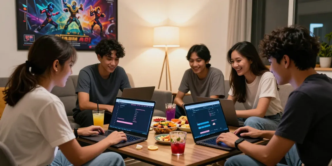 Kelompok teman bermain game bersama, mengobrol tentang bukumimpi138 daftar, dengan laptop dan camilan di meja kopi.