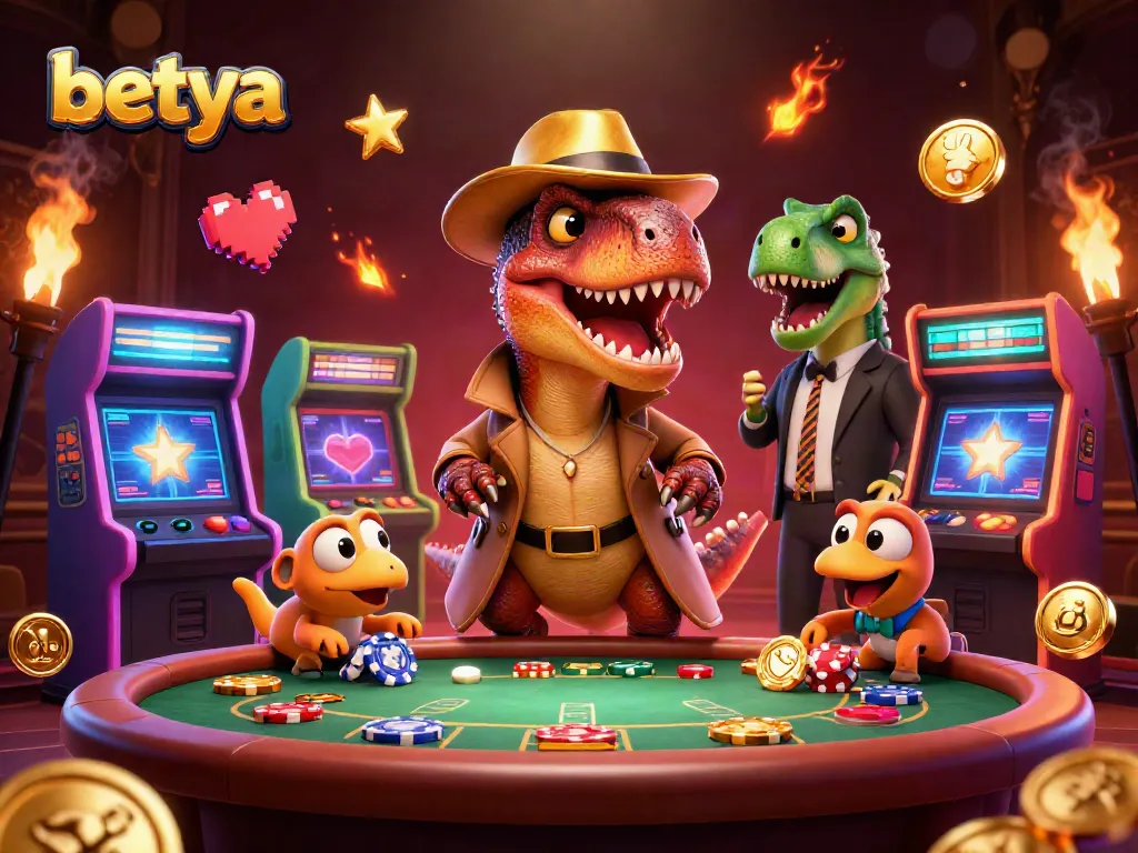 Betya casino scene with a velociraptor card counter, stegosaurus pit boss, and pickpocket amidst vibrant casino elements.