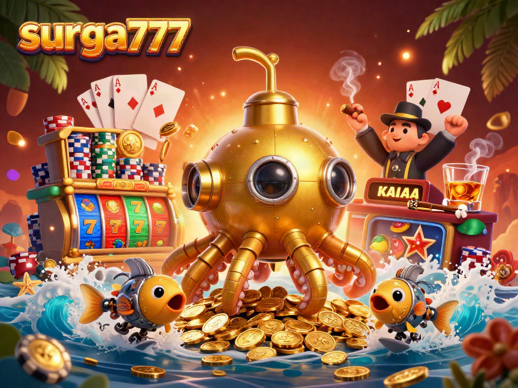 Experience the thrill of surga777 with dynamic slot reels and a vibrant scene filled with golden treasures and winnings.
