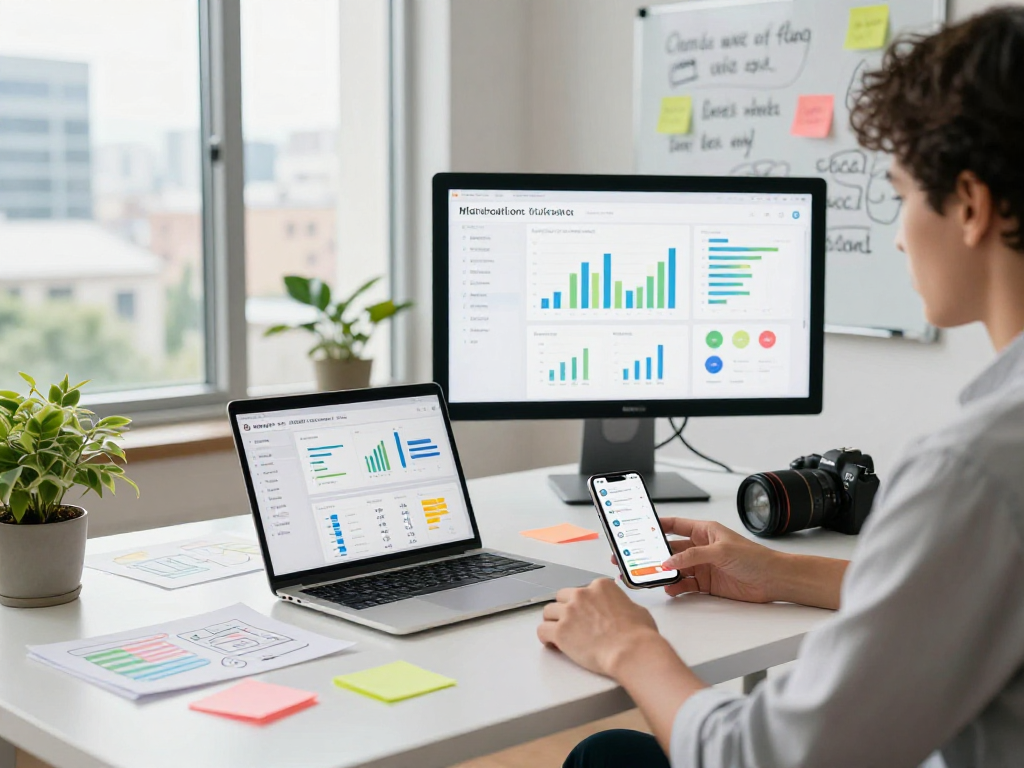 Strategist analyzing app performance metrics to buy app install services in a modern workspace.