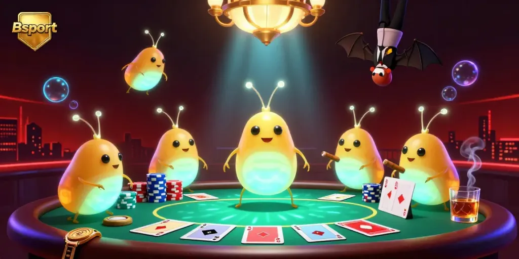 Experience the excitement of Bsport with glowworms lighting a dynamic casino scene featuring poker elements.
