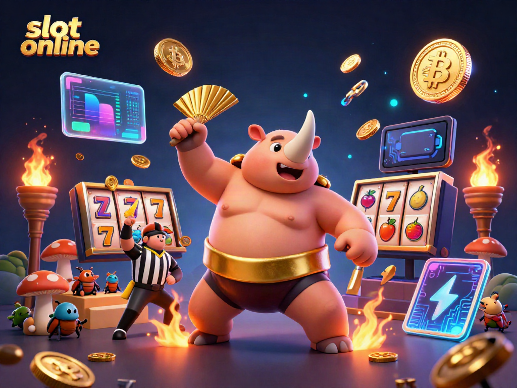 Experience thrilling slot online gameplay with a dynamic scene showcasing unique characters and cryptocurrency elements.
